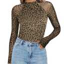 Zeagoo Leopard Print Tops for Women Mesh Long Sleeve Mock Neck Shirt See Through Going Out Blouses Large