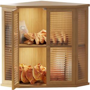 Corner bread box Bread Box for Kitchen Countertop - Corner Bread Storage Box 16.51" H, Premium Pine Wood with Glass Door, Perfect for Homemade Bread, Baguettes & Pastries (Natural wood)