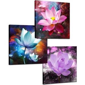 Biuteawal 3 Panels Flowers Wall Art Blooming Lotus Water Lily Picture Elegant Pink Blue Purple Floral Painting Canvas Print Framed Modern Home Bedroom Living Room Decor Ready to Hang