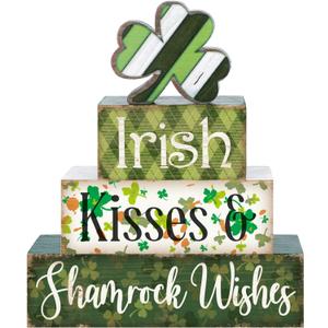 4 Pcs St Patricks Day Table Decorations Shamrocks St. Patrick's Day Tiered Tray Decor Irish Clover Blocks Lucky Print for Party Home Desk(Fresh Style)