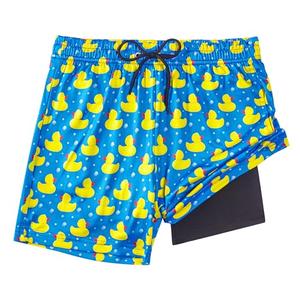FT FENTENG Boys Swim Trunks with Compression Liner, Boy's Bathing Suit Boy Swimming Trunks Cartoon Blue Duck Boy Board Shorts Swimwear, Quick Dry 4 Way Stretch Beach Shorts for Boys Swimsuit, XL