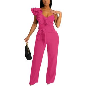 HBQ Women's Casual One Piece Jumpsuits V-Neck Sleeveless Ruffle Elegant Romper Wide Leg Pant Sexy Party Clubwear Overalls (Large, Rose Red)