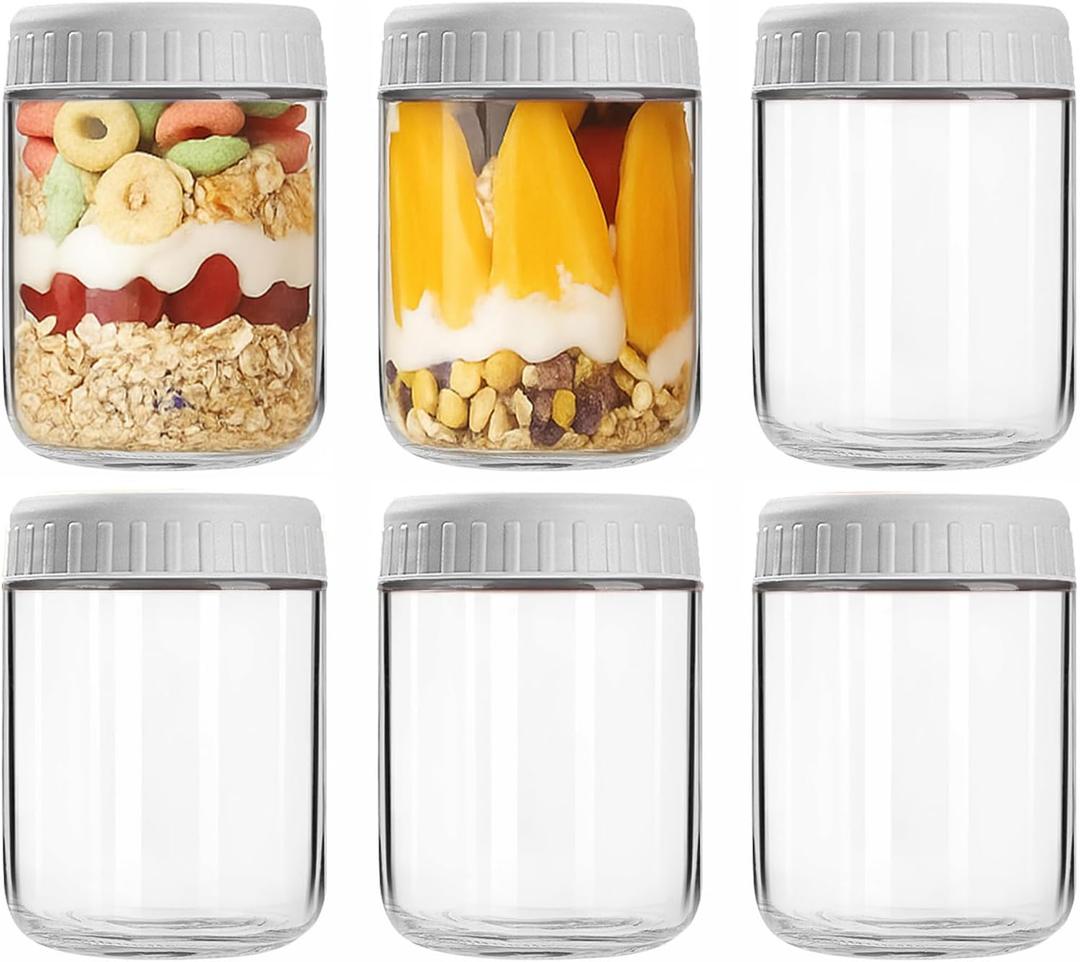 Overnight Oats Containers with Lids, 16oz Wide Mouth Mason Jars with Lids, 6 Pack Glass Jars with Airtight lid for Chia Pudding Yogurt Salad, Meal Prer Oatmeal Jars, Gray