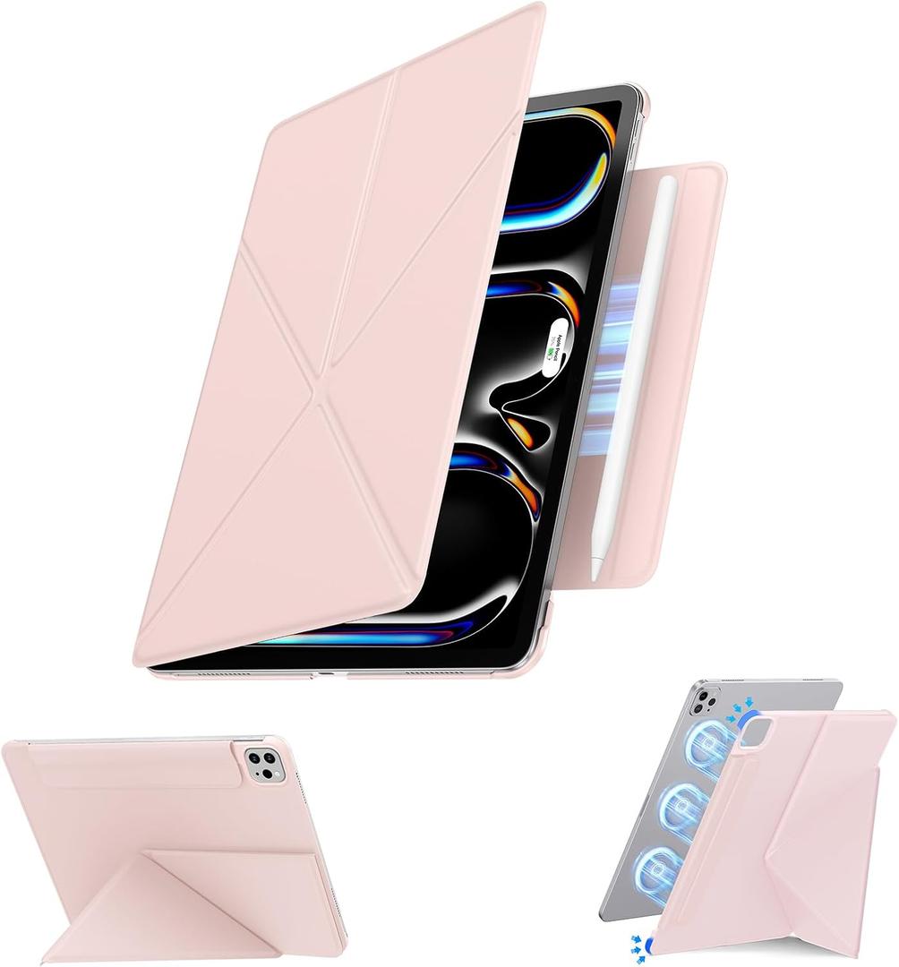 for iPad Pro 11 Inch Case M4, Slim Full Edge Protective with Foldable Cover and Hidden Pencil Holder Magnetic Case (Pastel Pink, iPad pro 11 inch)