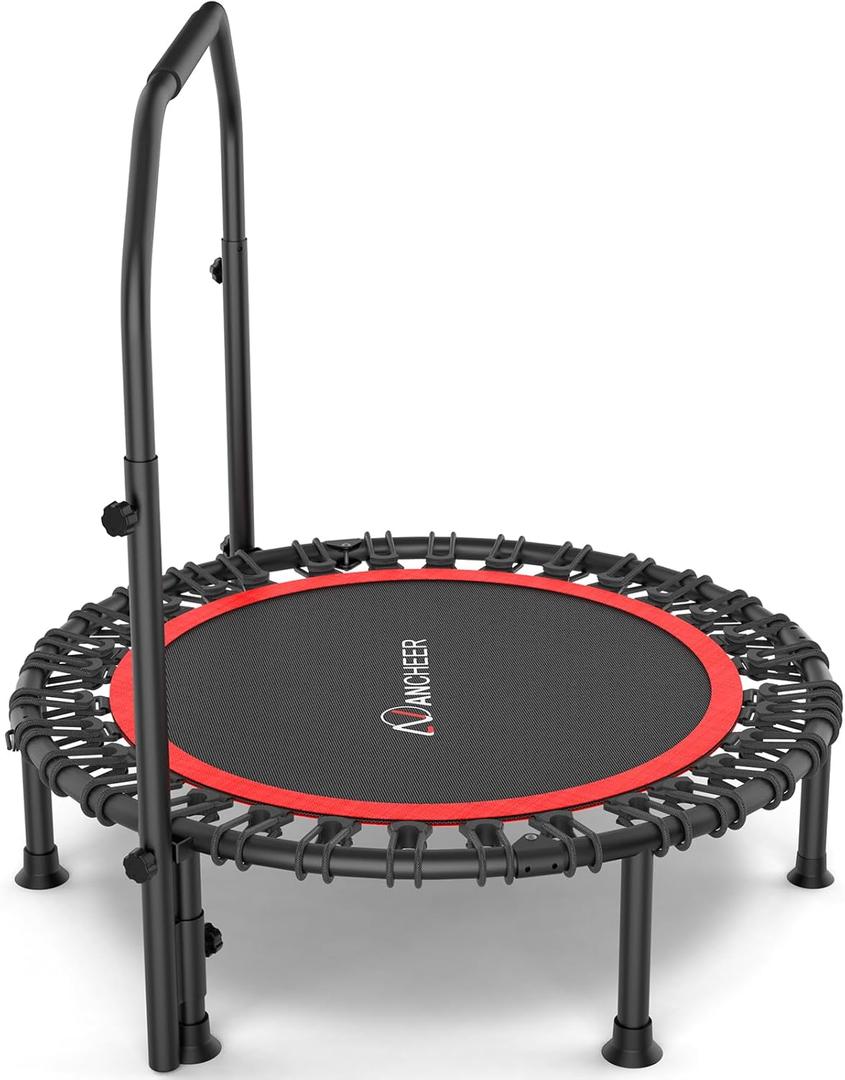 ANCHEER 40"/48" Foldable Mini Trampoline,Max Load 450lbs/550lbs Indoor Trampoline,with 4 Level Adjustable Foam Handle and Resistance Bands,Adult Exercise Trampoline for Home, Garden, and Gym