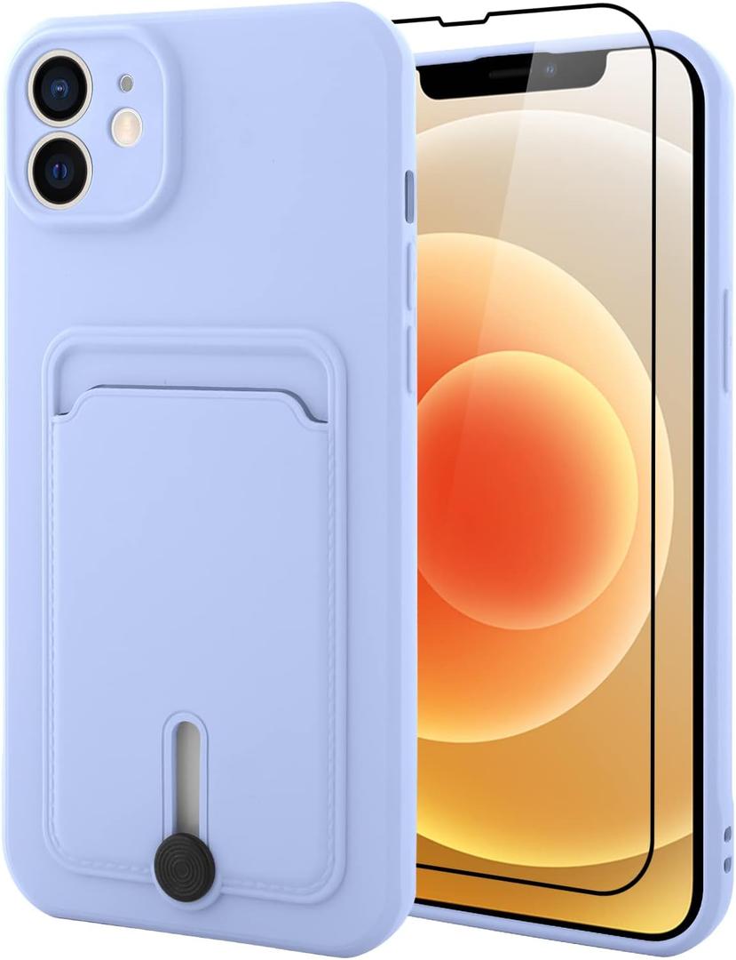 MZELQ TPU Wallet Compatible with iPhone 12 Case, Card Holder Camera Protection Cover + Screen Protector, Push-able Slot for Girls Women -Purple