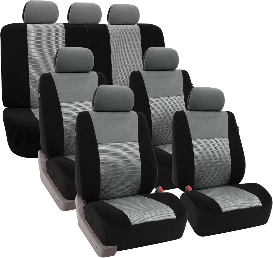FH Group Car Seat Covers Trendy Elegance Three Row Car Seat Covers Set, Airbag Compatible and Split Ready, 7 Seater Covers-Universal Fit for Cars, Trucks & SUVs Gray/Black (Gray (4 Buckets 1 Bench))