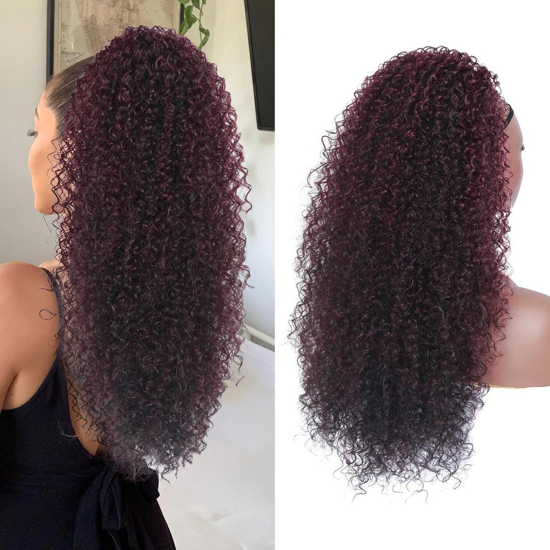 Alebery 27 Inch Drawstring Ponytail Extension for Black Women Deep Curly Ponytail Extension Synthetic Mixed with Human Hair Hairpieces Afro Kinky Curly Pony Tail for Daily Use (Burgundy)