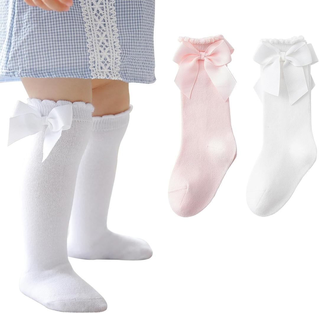 Baby Girls Socks Knee High Socks With Bow Infants Toddlers Stockings School Uniform Dress Socks, 6-12 Months, White/Pink_2 Pairs
