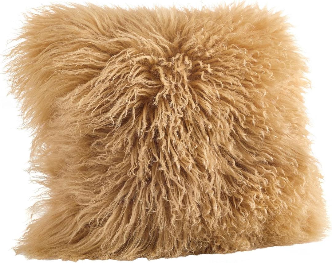 SARO LIFESTYLE Mongolian Lamb Fur Poly Filled Throw Pillow (16"x16", Gold)