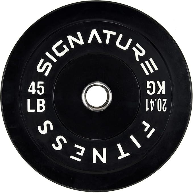 Signature Fitness 2" Olympic Bumper Plate Weight Plates with Steel Hub - 100% Virgin Rubber, Black, 45LB