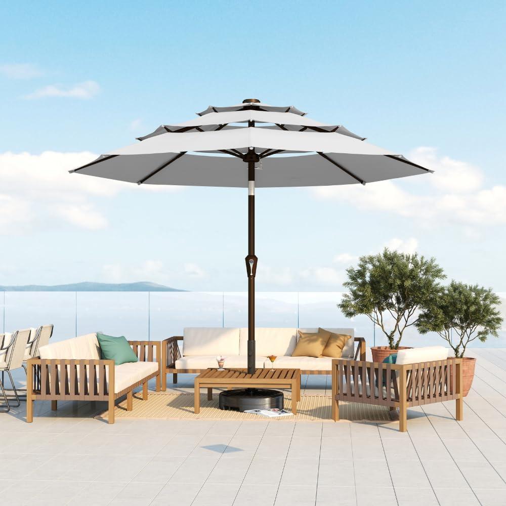10FT Patio Umbrella 3 Tiers Outdoor Market Umbrella w/Push Button Tilt, Crank, UV and Waterproof Table Umbrella for Garden, Pool, Backyard, Deck, Lawn, Light Gray