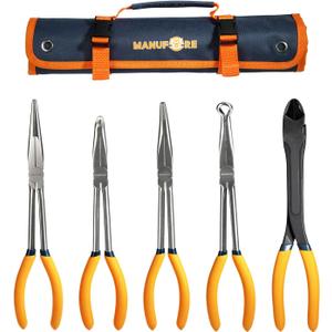 MANUFORE 5-Piece 11-Inch Long Nose Pliers Set- Straight, 45 and 90 Bent, Circle Nose and Diagonal Pliers-Premium Carbon Steel & CR-V, Long Reach for Electronics, Automotive and DIY