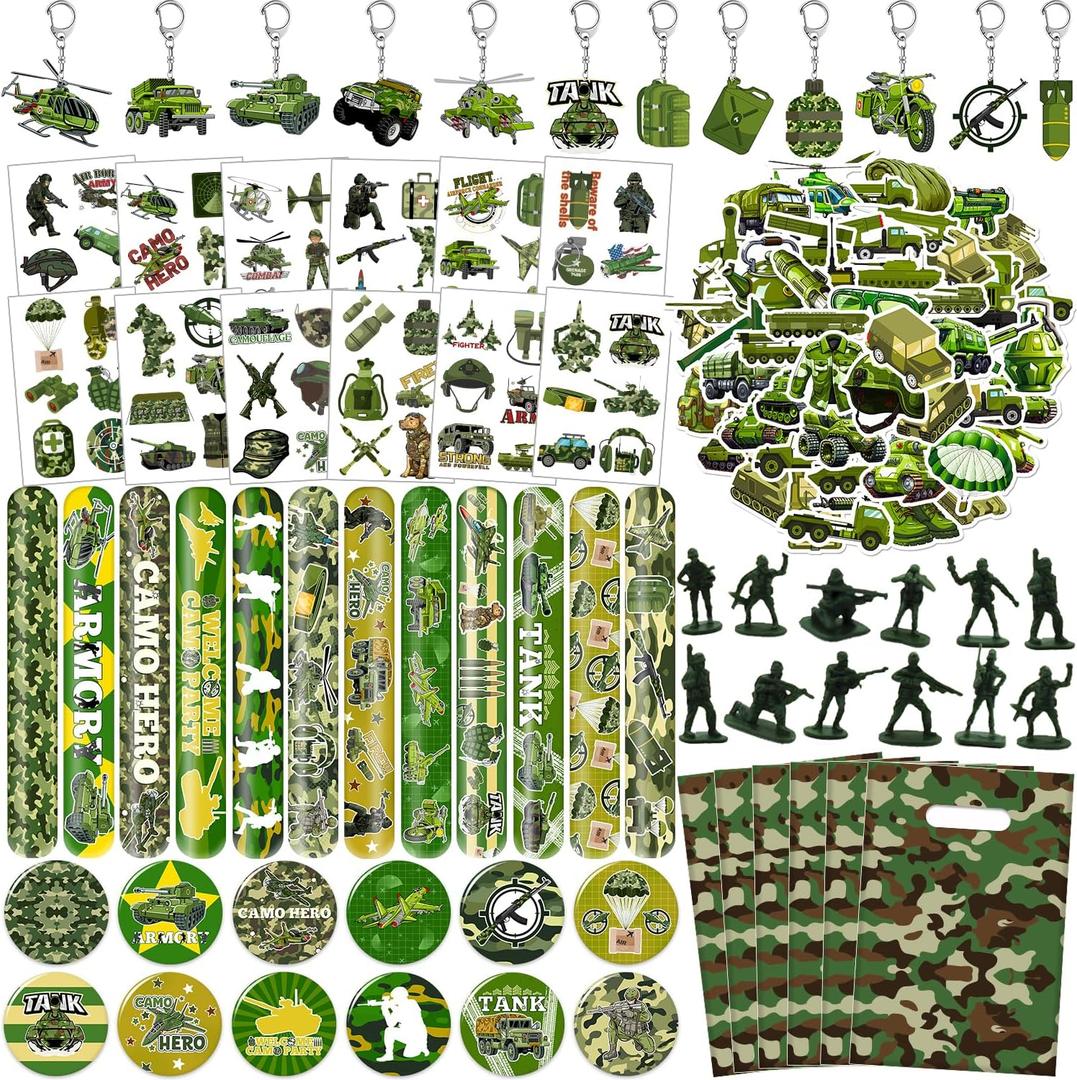 122 PCS Army Party Favors, Military Camo Temporary Tattoos Slap Bracelets Keychains Stickers Badges Goodie Bags Soldiers Figures for Army Birthday Party Decorations Gifts for Kids Classroom Rewards