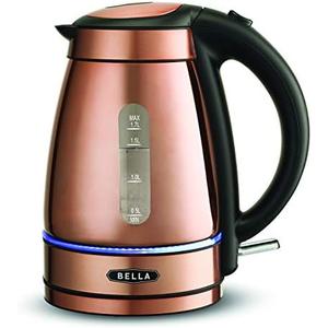 BELLA 1.7 Liter Electric Illuminated Glass Kettle, Quickly Boil Water for Tea, Coffee, Instant Soup and More, Safely Pour with Automatic Shut Off & Detachable Swivel Base, Chrome/Copper Finish