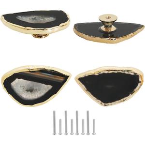 Malimali Unique Black Agate Cabinet Knobs and Pulls Set of 4, Knobs for Cabinets and Drawers Gold Dresser Knobs Bifold Door Knob for Closet Kitchen Cupboard