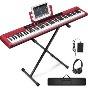 88 Key Semi-weighted Electronic Keyboard Piano,Full Size Digital Piano Portable Keyboard with Stand, Sustain Pedal, Power SupplyMIDI/USB/MP3 Function for Beginners at Home/StageRed