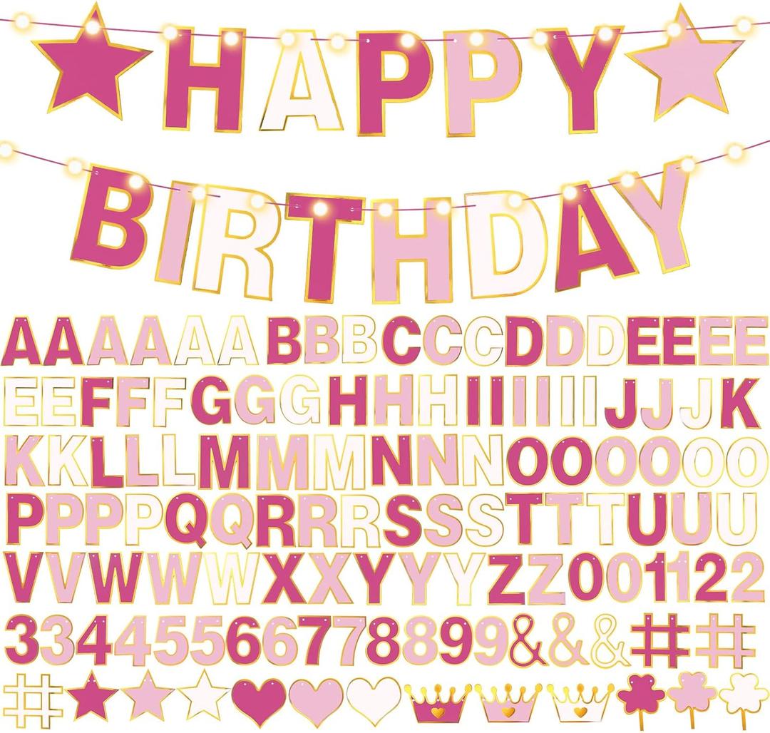 TaoBary 143 Pcs DIY Letter Banner Customizable Happy Birthday Supplies Make Your Own Banner Include Letters, Numbers Symbol Rope Needles for Baby Shower Wedding Bachelor Party Decorations(Pink)