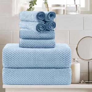 8 Piece Large Blue Family Bath Towel Set-2 Oversized Bath Towel Sheets,2 Hand Towels,4 Washcloths-600GSM Soft Highly Absorbent Quick Dry Beach Chair Towel Woven Towels for Bathroom Hotel and Spa