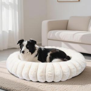 Warming Faux Rabbit Fur Pet Beds  Luxurious Donut Dog & Cat Bed, Anti-Anxiety Calming Cuddler Bed for Small Medim Dogs, Washable Round Puppy Kitten Beds, Non-Slip Bottom(31x31x8, White)