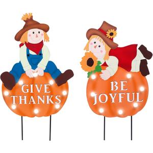 Bshine Fall Scarecrow Outdoor Decor Home, Harvest Fall Decor 2 Pack Scarecrow Metal Garden Stakes with LED Lights, Fall Yard Sign Thanksgiving Decorations for Porch, Lawn, Patio, Pathway