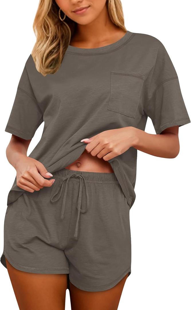 KCW Pajamas for Women Set 2 Piece 100% Cotton Lounge Sets Short Sleeve Top and Shorts Pj Set Sleepwear Outfits (XXL, Light Khaki)