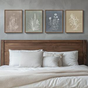 Boho Framed Botanical Wall Art for Bedroom, 4 Piece Vintage Neutral Floral Canvas Painting Prints for Modern Farmhouse, Minimalist Rustic Flower Pictures for Living Room Kitchen Dining Room Home Decor (Simple - Walnut Framed)