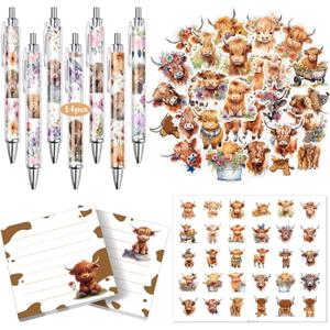 18 Pcs Cute Highland Cow Floral Gifts Highland Office Supplies Cow Pens with Stickers Sticky Notes Aesthetic Stuff Car Stationery Gifts for Decor Teachers Nurse