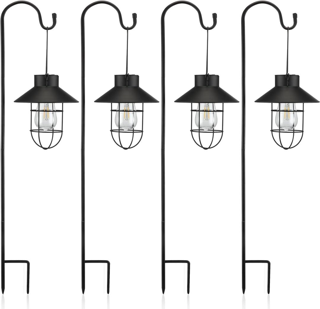 Retisee 4 Pcs Hanging Solar Light 31" Outdoor Solar Lamp Lanterns with Dual Use Shepherd Hook Waterproof Pathway Hanging Lights Metal Garden Lantern for Path Patio Yard Lawn Driveway Markers (Black)