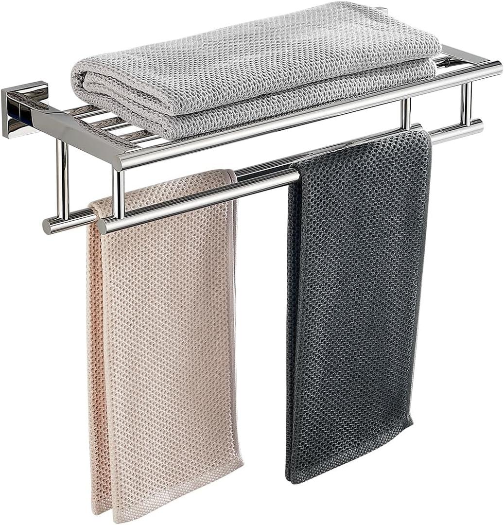 RTCUL Towel Rack with Shelf 20 Inch Double Towel Racks for Bathroom Polished Chrome Bath Towel Holder SUS304 Stainless Steel Towel Rack Wall Mounted Modern Towel Hanger