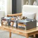 Medium Storage Baskets with Clear Window, See Through Closet Organizer with PU Handles, Linen Foldable Storage Bins for Organizing Clothes, Toys, Books (Gray) (Medium-16"x11"x7")