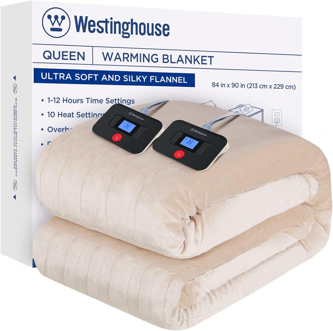 Westinghouse Electric Blanket Queen Size, Super Cozy Soft Flannel 84"" x 90"" Heated Blanket with 10 Fast Heating Levels & 1-12 Auto-Off, Machine Washable, ETL&FCC Certification, Beige