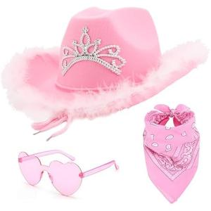 Ricawa 2 PCS Pink Cowgirl Cowboy Hat with Heart Sunglasses Bandana Pink Cowgirl Christmas Costume Accessories for Girls Women