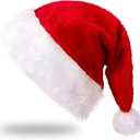 IZUS Women Men Christmas Santa Hat Velvet Red Hats with Fluffy Plush White Brim/Pom for Xmas New Years Holidays Party (One Size)