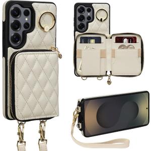 Case for Samsung Galaxy S26 Ultra 6.9'' Wallet Case,Crossbody Zipper Purse Wrist Strap Lanyard Handbag,RFID Blocking Card Slots,Flip Leather Cover for Samsung S26 Ultra,Beige