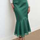 DERAX Womens Satin Midi Mermaid Skirt Silk Bodycon High Waisted Flowy Ruffled Tiered Spring Summer Elegant Fishtail Skirts (Green, XS)