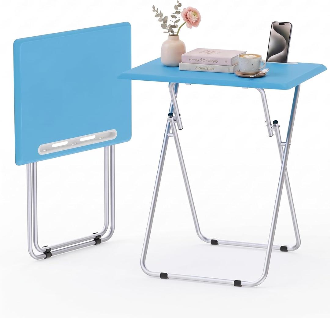2 x Folding TV Tray Set of 2, Foldable TV Dinner Tray Table, Snack Side Table, Small TV Trays for Living Room, Small Spaces (Blue), 2PCS