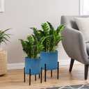 ARNIS Modern Plant Pots, Set of 2 Large Planters with Stand, Decorative Planters, Metal Pots with Drainage Holes for Living Room, Office, Garden or Balcony, 8.25 &10.5 Inch, Blue