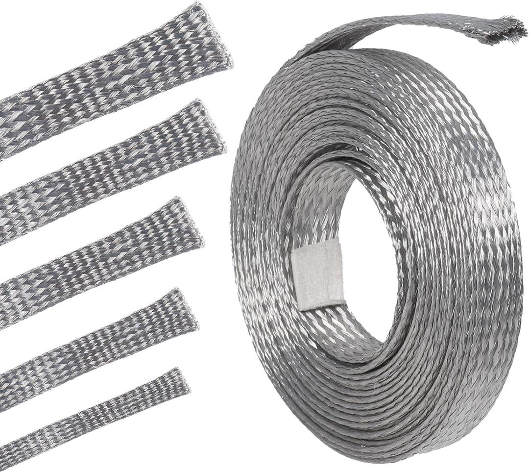 Tinned Copper Braid Metal Cable Shielding Sleeve Ground Straps Interference Wire Sheathing Flat Mesh (5/16 in Wide(0.20 in Dia)-28ft)