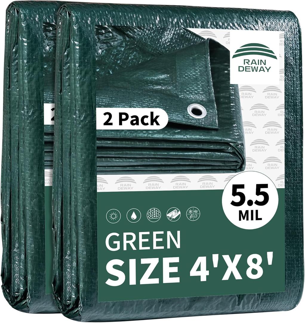 RAINDEWAY Small Tarps 4x8 Feet(2 Pack),Green Tarp Waterproof,Finished Size,5.5 Mil Thick,Multipurpose Poly Tarp Cover with Metal Grommets and Reinforced Edges