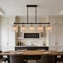 5-Light Rectangular Dining Room Light Fixture 42"L Black and Gold Glass Linear Chandeliers for Dining Room Over Table, Farmhouse Kitchen Island Pendant Light Fixtures with Water Ripple Glass