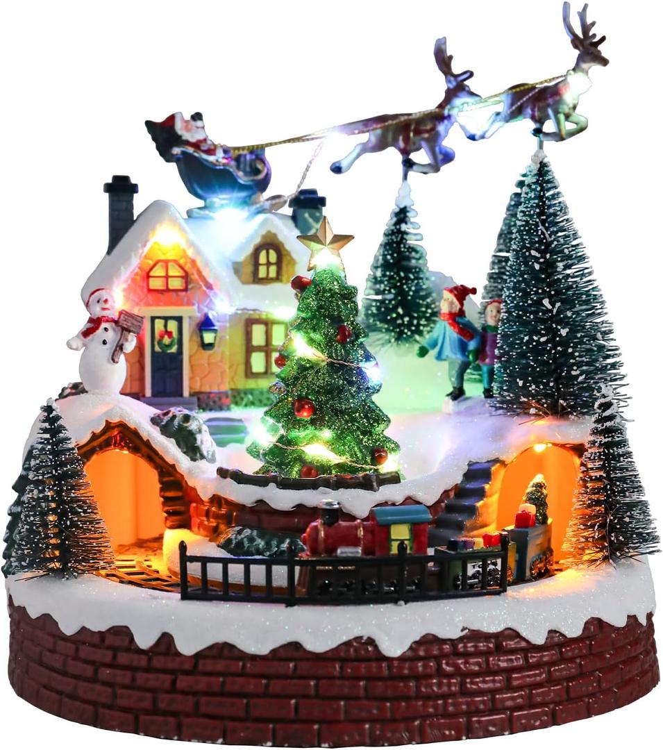 Vipush Christmas Village House Decorations Resin Train Set with Flying Santa Home Decor Indoor Building Figurines Revolving Train with LED Light and 8 Christmas Music for Kids