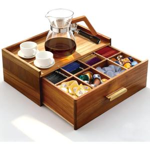 Thick&Thin Acacia Wood Tea Bag Organizer, Tea Organizers and Storage Box With Removable Divider Drawer, Tea Bag Holder Station Caddy Container for Countertop, Tea Accessories Gift Box (1Pcs)