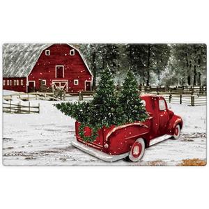 Morigins Winter Red Truck Farmhouse Door Mat Christmas Winter Indoor Rubber Outdoor Mats 18x30 inch
