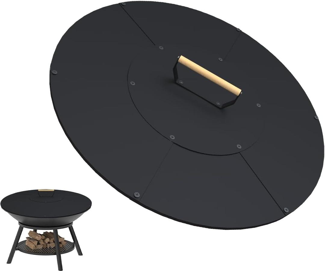 24" Wooden-Handle Fire Pit Lid for Pits up to 22", Round Metal Bonfire Pit Burner Pan Cover, Smokeless Fire Pit Cover for Fire Tables, All-Weather Resistance Outdoor Firepit Accessory