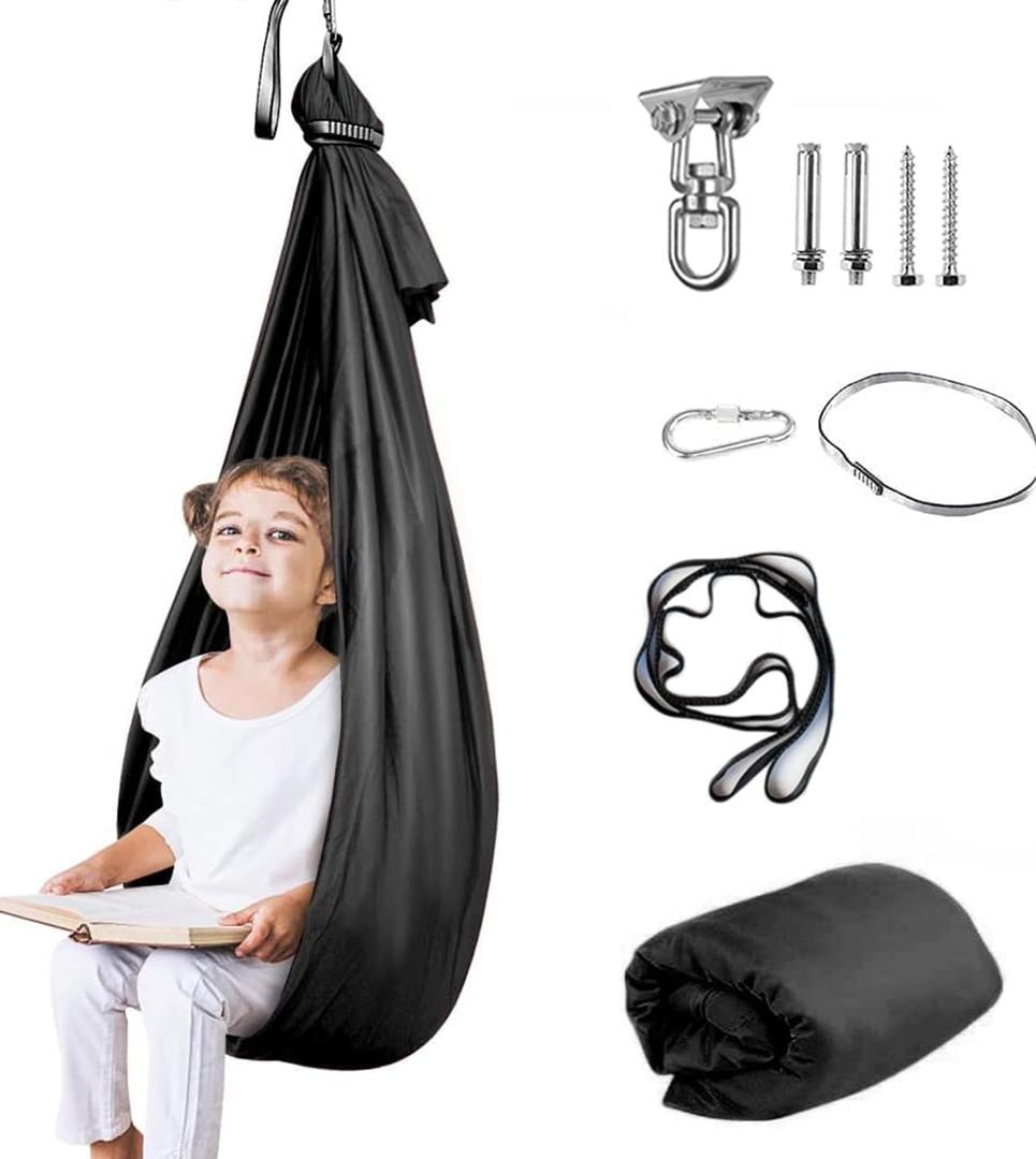 Therapy Swing for Kids with Special Needs (Hardware Included) Sensory Swing Cuddle Indoor Outdoor Adjustable Hammock for Children with Autism, ADHD, Aspergers, Sensory Integration (Black)