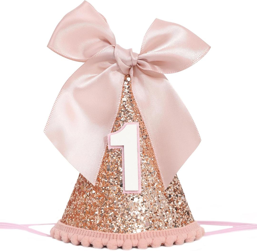 Rose Gold 1/2 Birthday Hat - Bow Birthday Party Decorations, Glitter Number Cone Hat, Princess Bow Hat