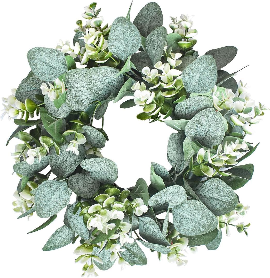 LSKYTOP 1 Pc Green Eucalyptus Round Wreath Artificial Farmhouse Wreath for Door Wall Window Decor, 11Inch/PC