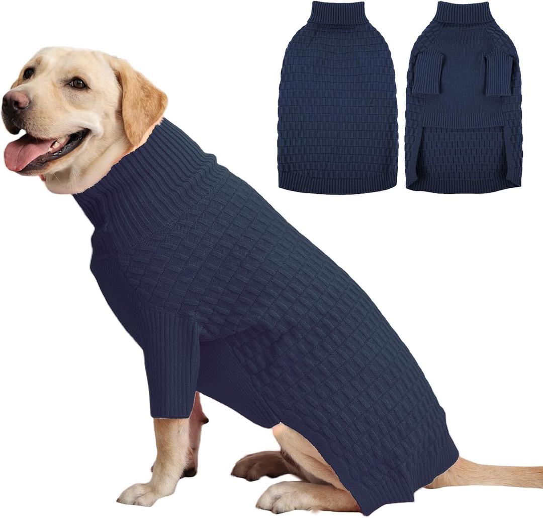 IECOii 4XL Warm Knitted Sweater for Dogs Boy, Cozy Turtleneck Dog Sweaters with Sleeves for Cold Weather, Stretchy Comfortable Dog Jumper, Machine Washable(Size XXXXL, Dark Blue) 