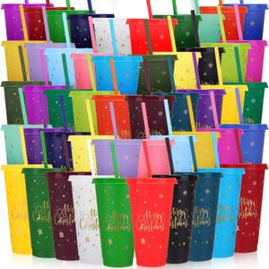 Honeydak 50 Pcs 24oz Christmas Cup Tumbler with Straw and Lid, Bulk Christmas Gifts, Holiday Reusable Plastic Cups, Water Bottle, Iced Coffee Travel Mug Cup for Party (Xmas Words and Patterns)